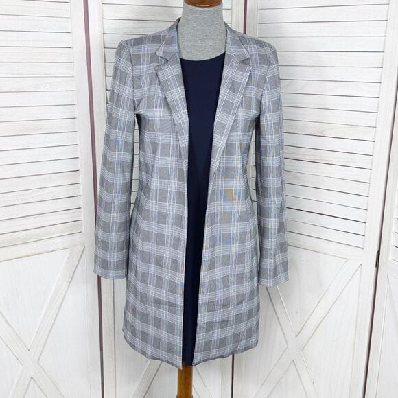Carolina Belle Plaid Long Line Blazer Jacket Blue Small Open Glen Check - Picture 1 of 13